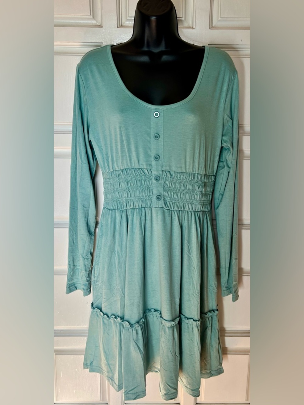 Long Sleeve Smocked Waist Dress in Seafoam Green